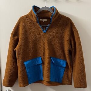 Madewell Brown Sherpa Pullover with Blue Pocket Accents